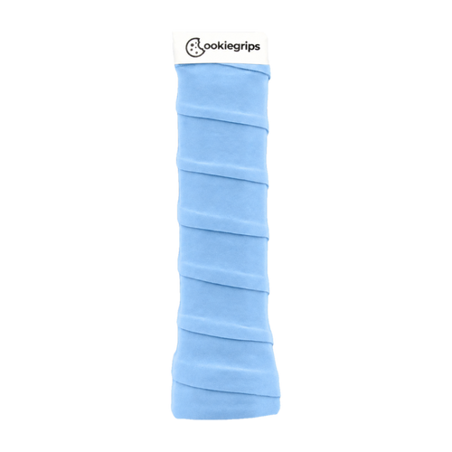 Doughy Grips Blue (Bella Blue) overgrip wrapped on a paddle handle